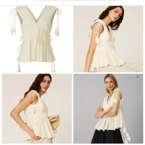 NWOT TORY BURCH Sleeveless Tie Top Smocked Peplum Ivory Shirt Blouse Size 14 - Picture 10 of 15